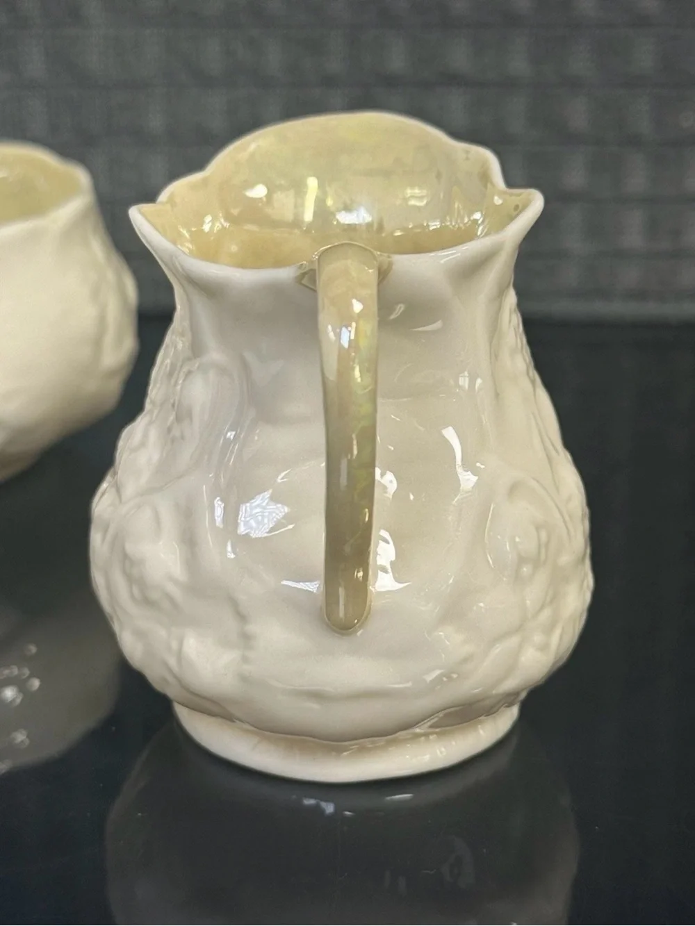 MCM Belleek White Lotus China Creamer 8 Sugar Set Glossy Model 0857 Green Mark